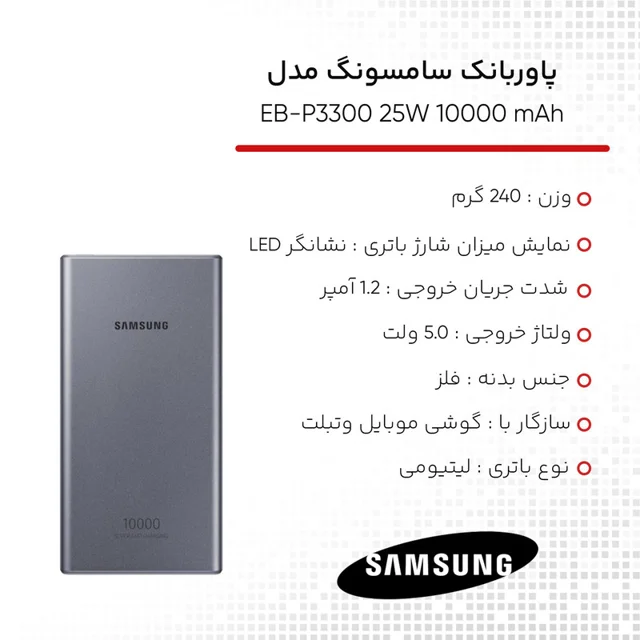 پاوربانک سامسونگ مدل 25W EB-P3300 ظرفیت 10000 میلی آمپر ساعت 102397699